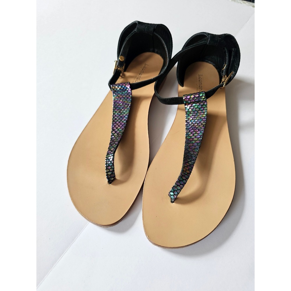 Leonardo Shoes T-Strap Sandals Women 41 Black Iridescent Metallic‎ Leather Italy